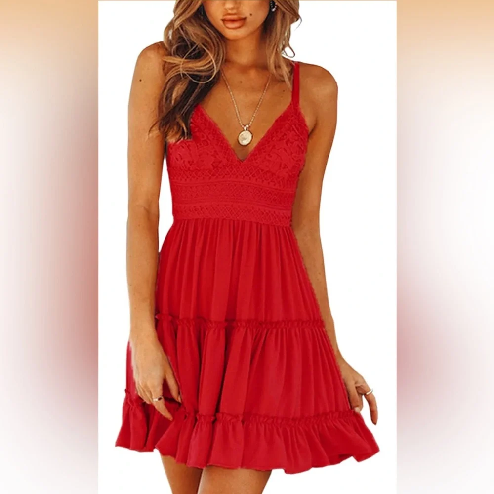 ECOWISH Red Lace V-Neck Skater Dress Spaghetti Strap Small - Picture 1 of 5